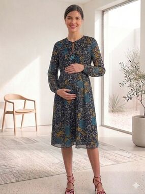 Motherhood Maternity Navy Floral Long-Sleeve Midi Dress Teal/ Yellow Accents